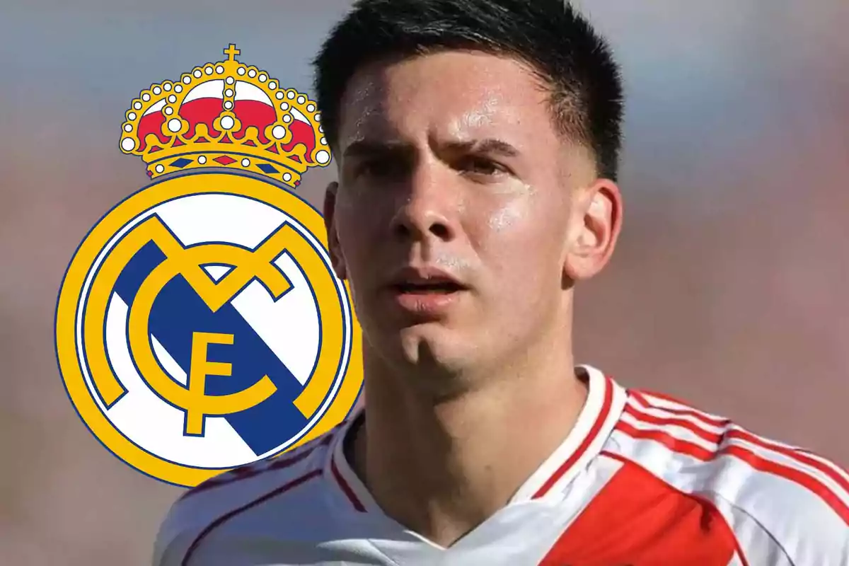 A player in a white and red jersey appears next to the Real Madrid crest.