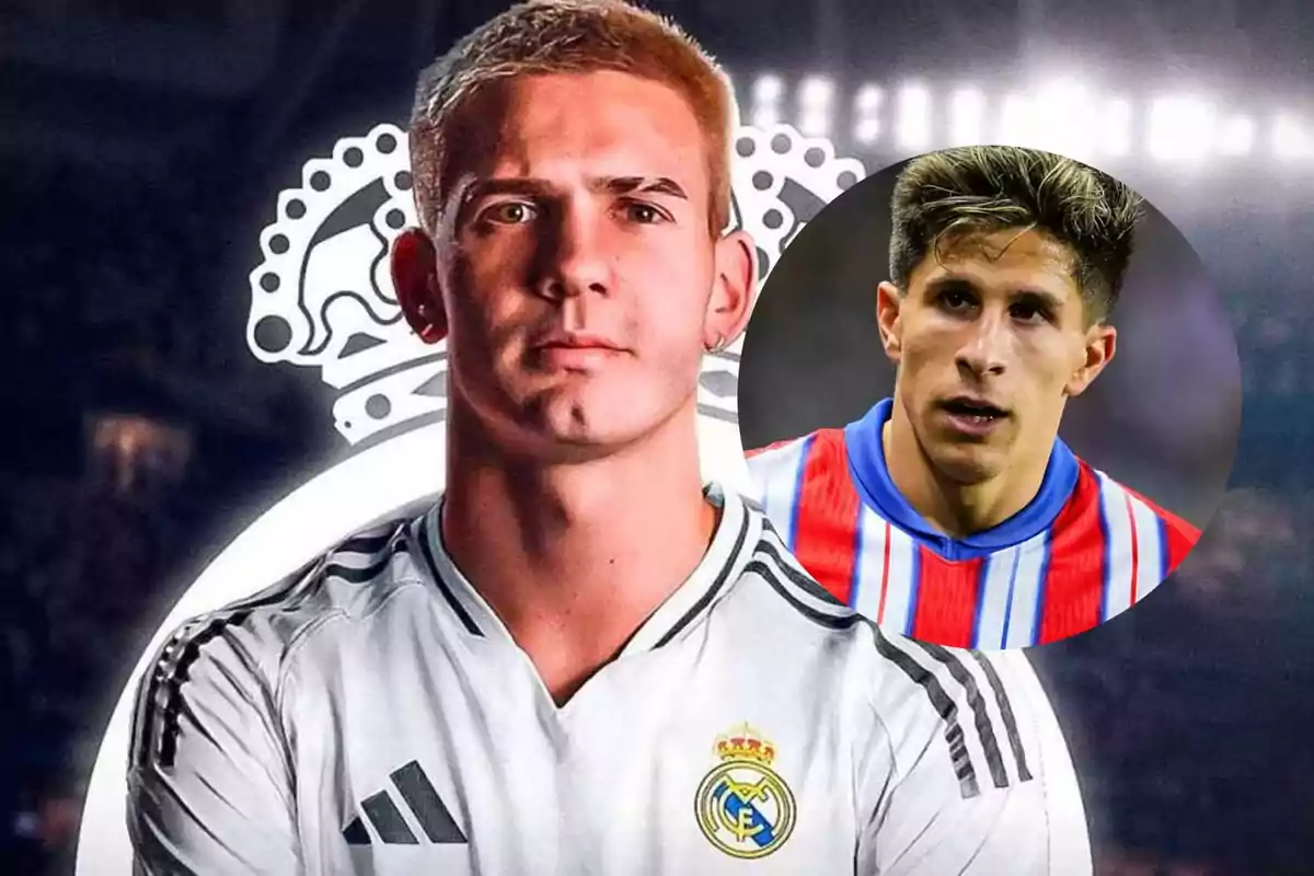 Two players, one wearing the Real Madrid uniform and the other wearing the Atlético de Madrid uniform, appear in a digital montage with the Real Madrid crest in the background.