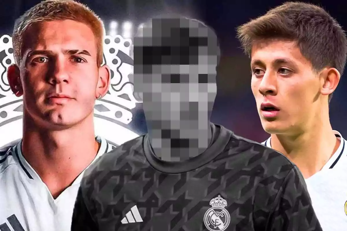 Tres futbolistas, dos con camisetas blancas a los lados y uno en el centro con camiseta negra del Real Madrid, cuyo rostro está pixelado