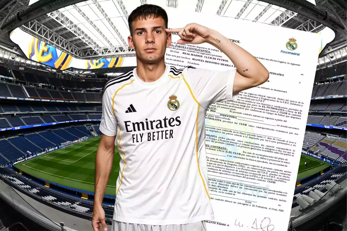 A player wearing a Real Madrid jersey poses at Santiago Bernabéu Stadium with a contract in the background.