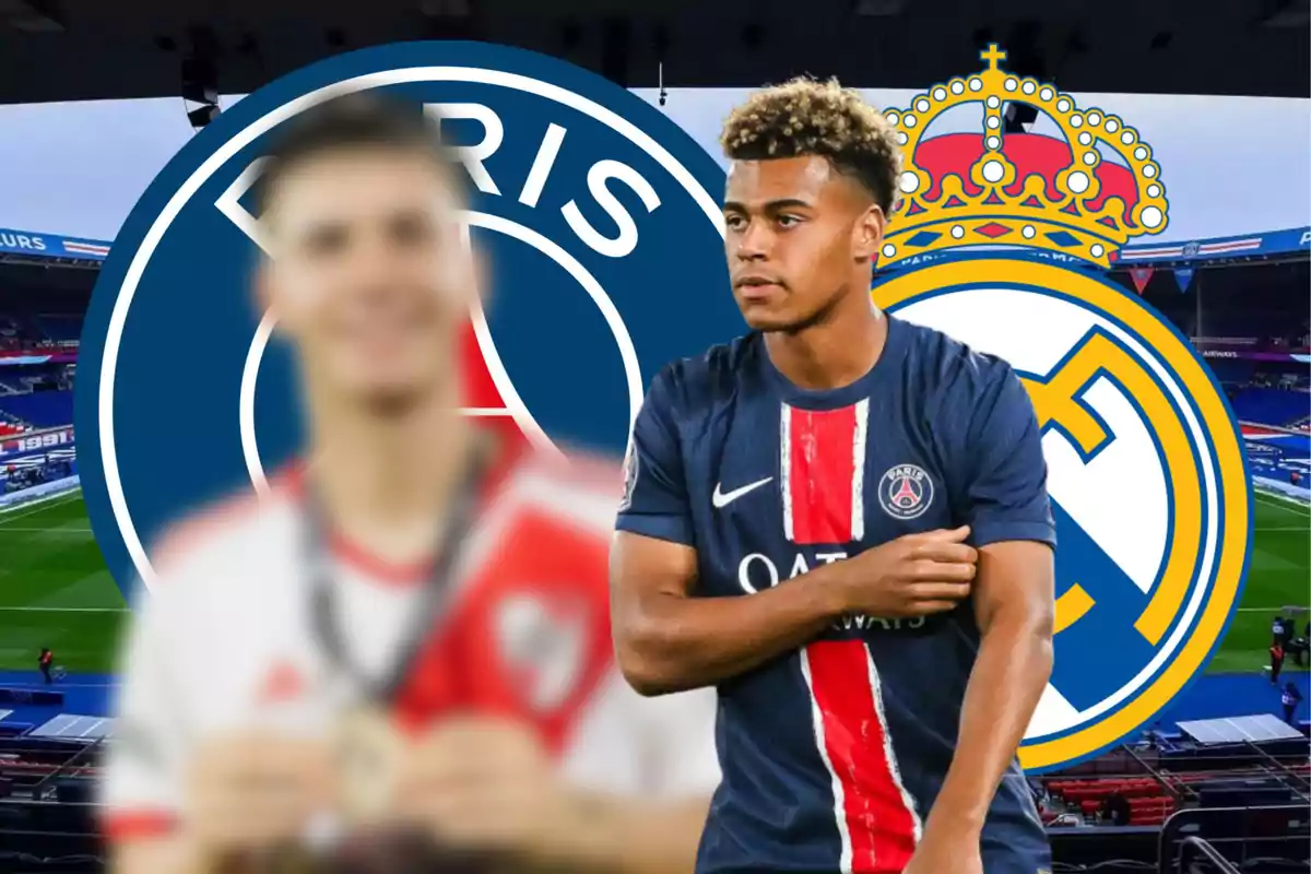 Two players in front of the PSG and Real Madrid crests in a stadium, one wearing the PSG jersey and the other, out of focus, wearing the River Plate jersey.