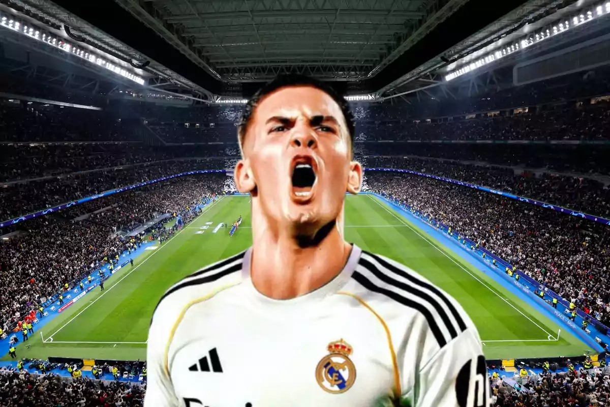 Futbolista con camiseta del Real Madrid celebrando efusivamente en un estadio lleno durante un partido nocturno Futbolista con camiseta del Real Madrid celebrando efusivamente en un estadio lleno durante un partido nocturno