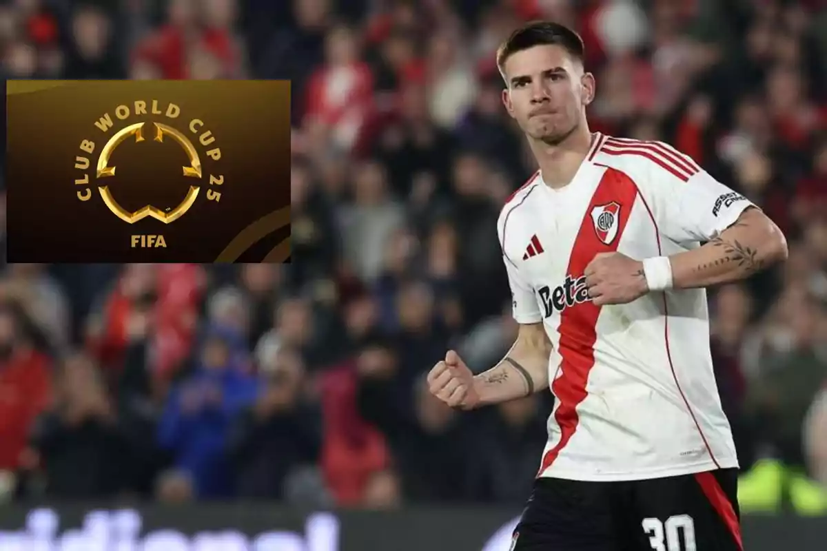River Plate player celebrating on the field with the FIFA Club World Cup 2025 logo in the top left corner
