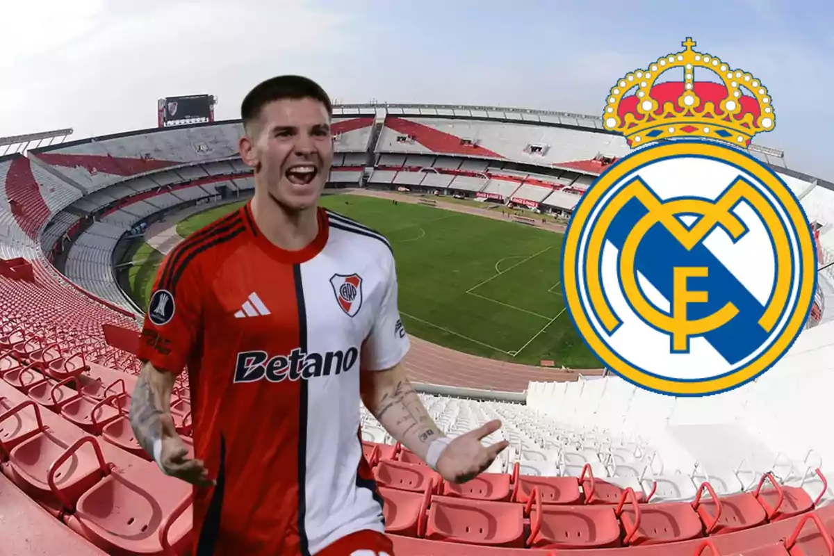 River Plate player celebrating in a stadium with the Real Madrid crest in the background
