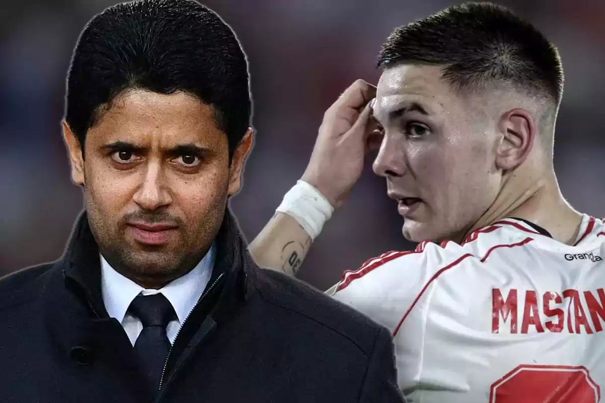 A man in a dark suit looks straight ahead while a player in a white and red jersey appears in profile, touching his head.