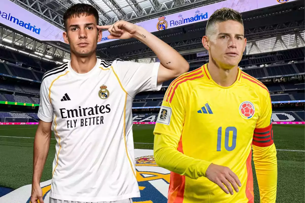 Dos futbolistas posan en un estadio uno con uniforme del Real Madrid y otro con uniforme de la selección de Colombia