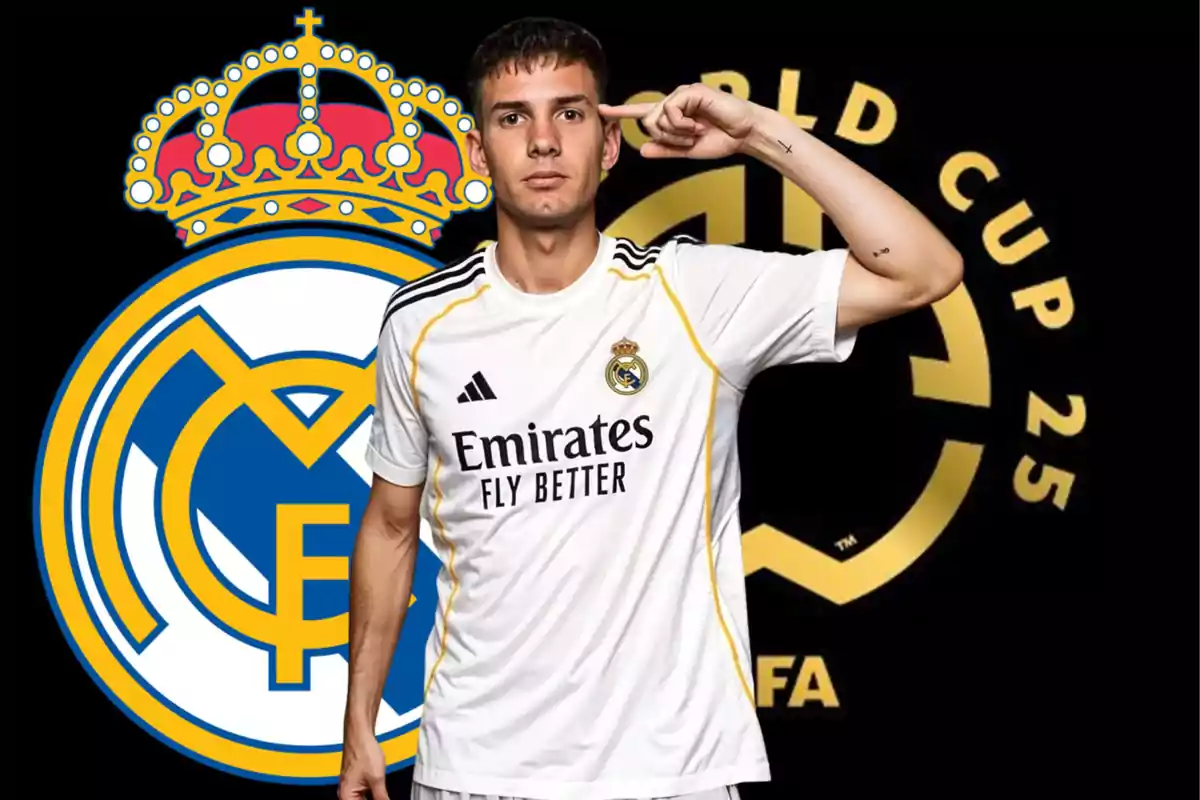 Jugador del Real Madrid posando con el uniforme blanco frente a los logotipos del club y del Mundial de Clubes 2025