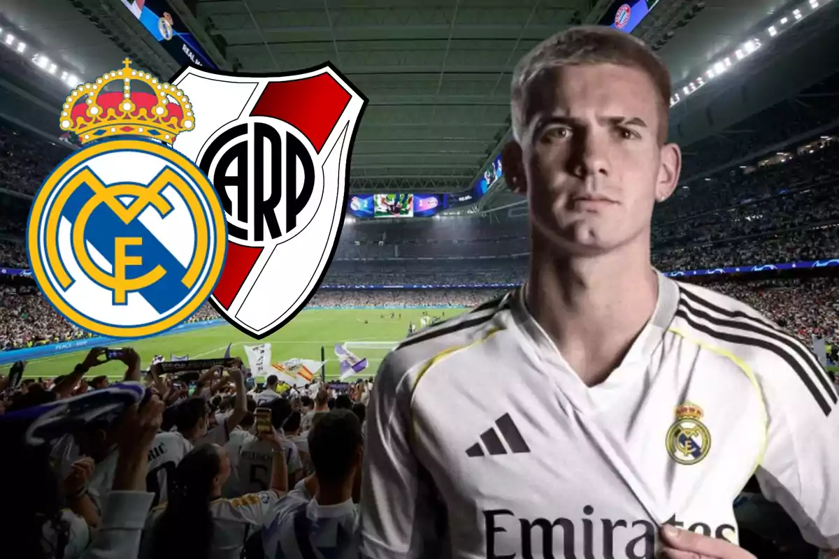Player wearing a Real Madrid jersey in a packed stadium, next to the crests of Real Madrid and River Plate
