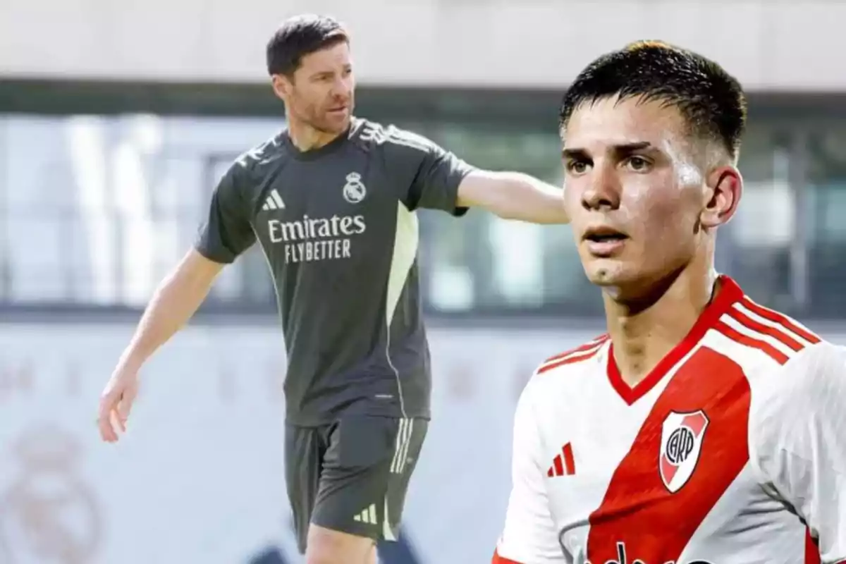Real Madrid coach giving instructions on the field and River Plate player in the foreground