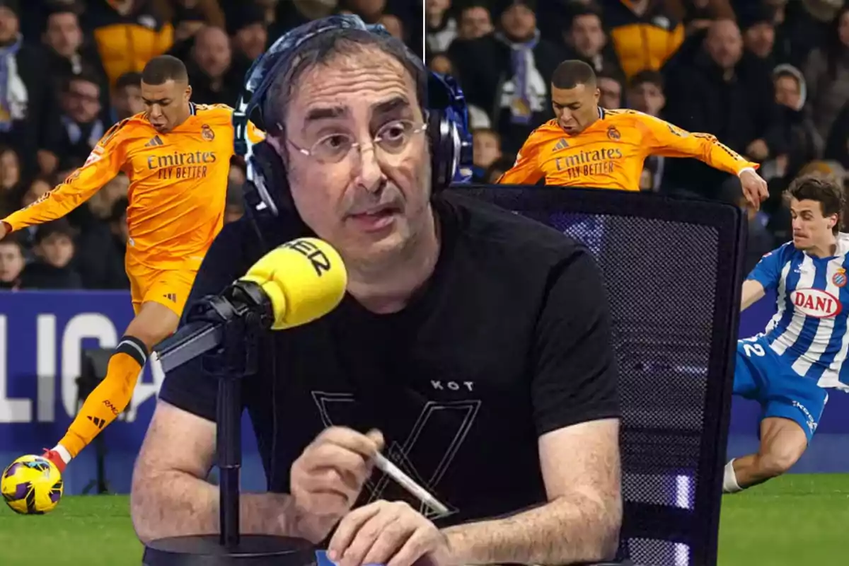 A man with headphones speaks in front of a yellow microphone while scenes of a soccer match with players in action are seen in the background.