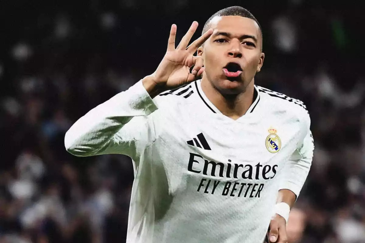 Soccer player celebrating a goal wearing a Real Madrid jersey in a packed stadium Soccer player celebrating a goal wearing a Real Madrid jersey in a packed stadium