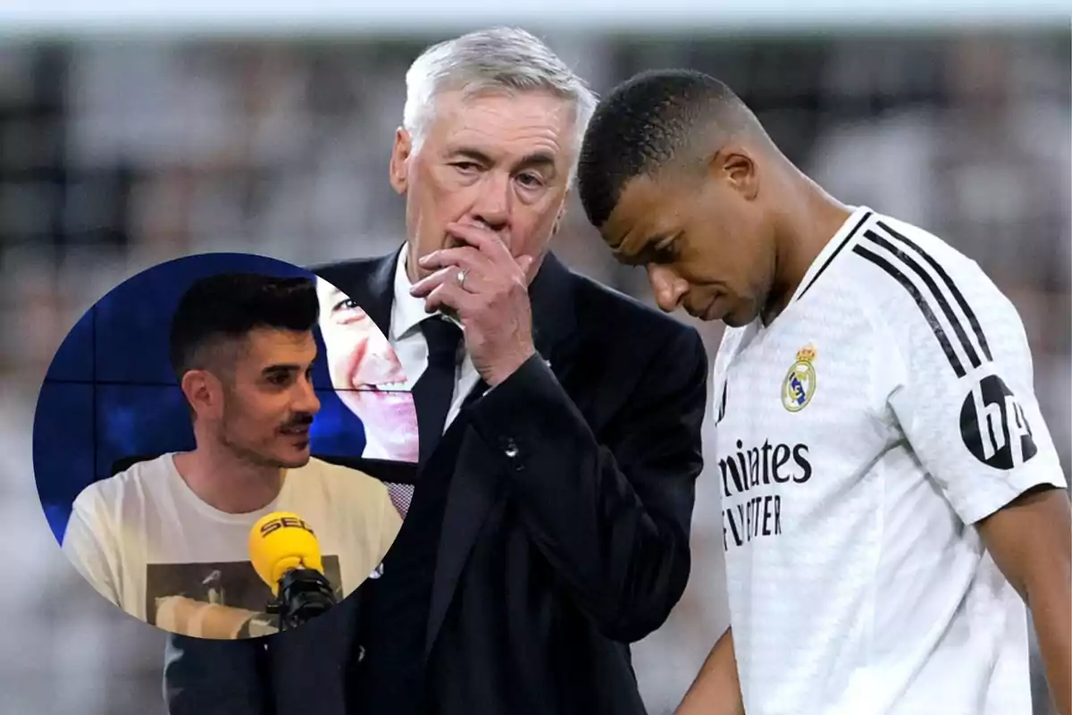 A Real Madrid coach and player chat on the field while a sports commentator appears in a frame.