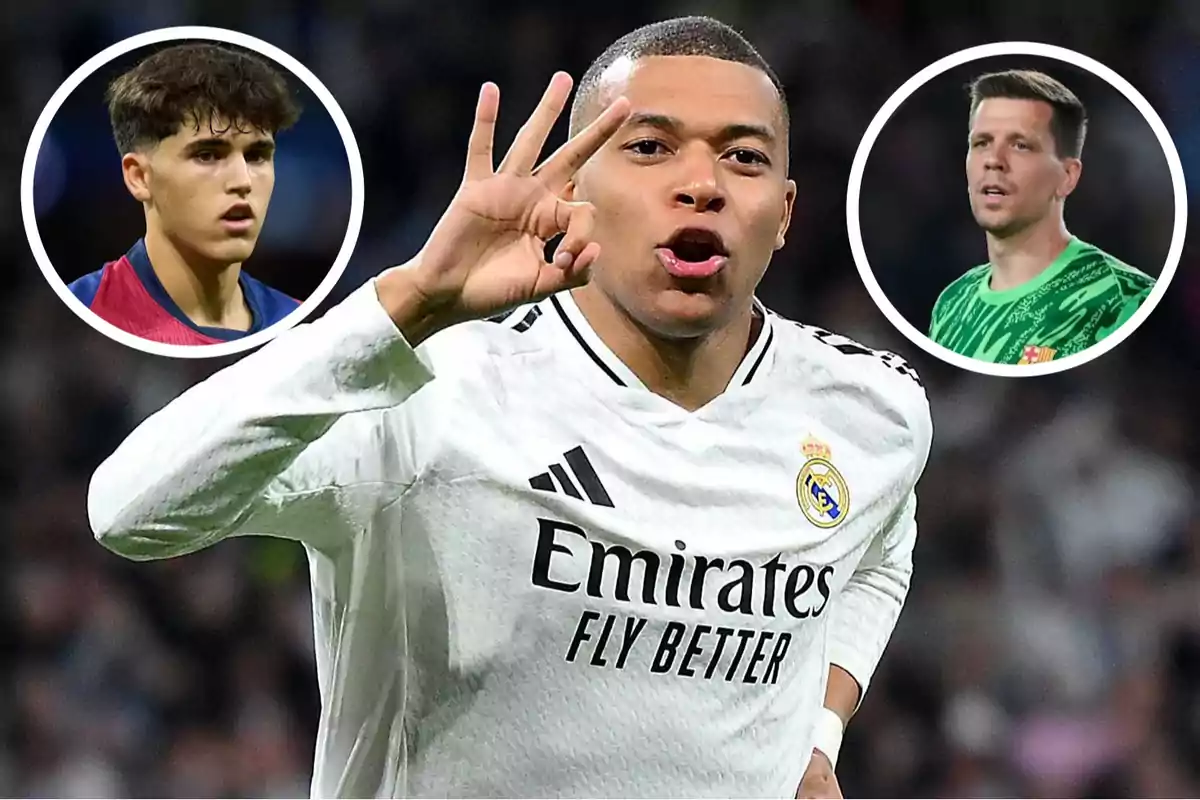 Un jugador de fútbol con la camiseta del Real Madrid celebra haciendo un gesto con la mano, mientras que en dos círculos a su alrededor aparecen otros dos jugadores.