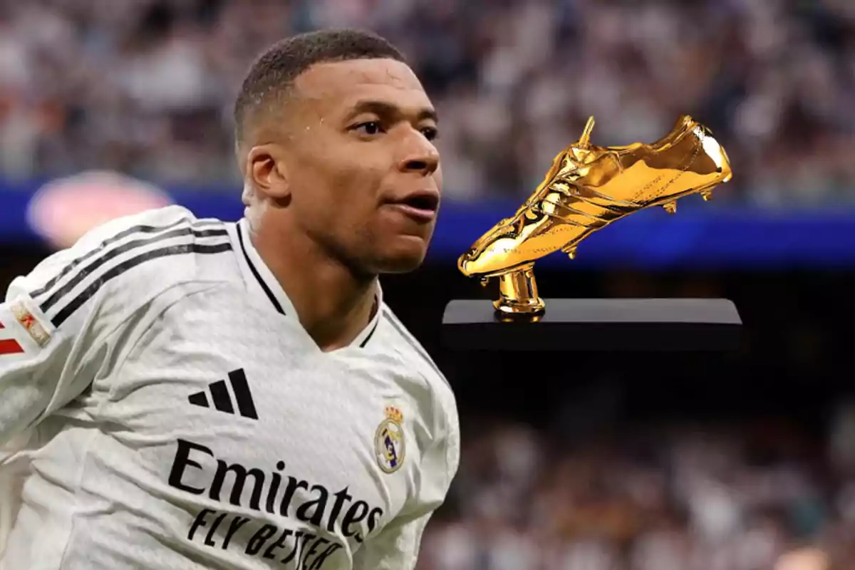 A player in a white jersey next to a golden boot trophy.