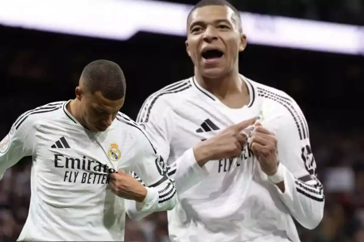 A soccer player wearing a Real Madrid jersey pointing at the team's crest.