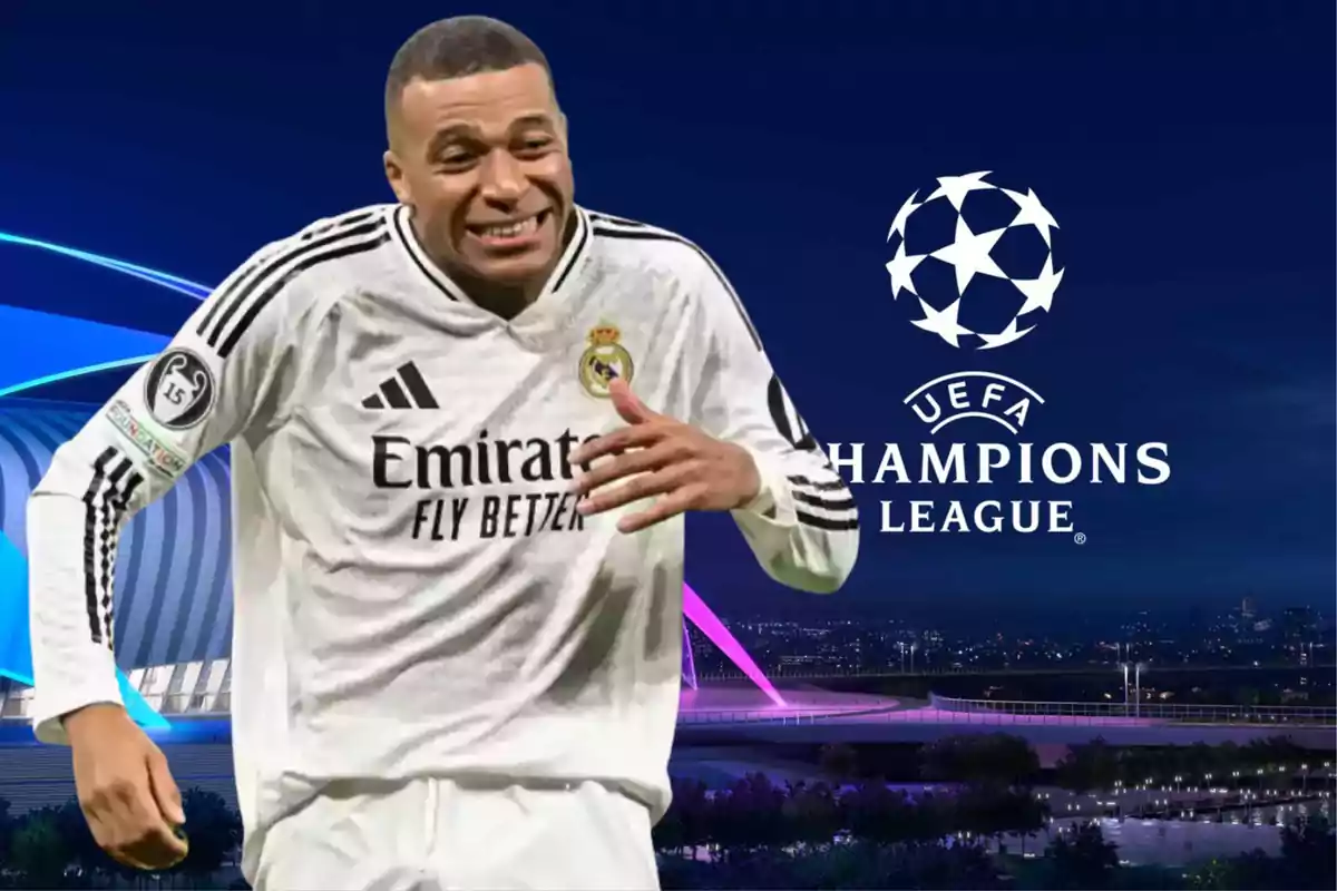 A football player in a white Real Madrid uniform smiles in front of a background with the UEFA Champions League logo.