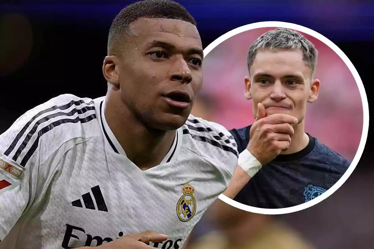 Futbolista con uniforme blanco del Real Madrid en primer plano y otro jugador pensativo en un círculo al fondo
