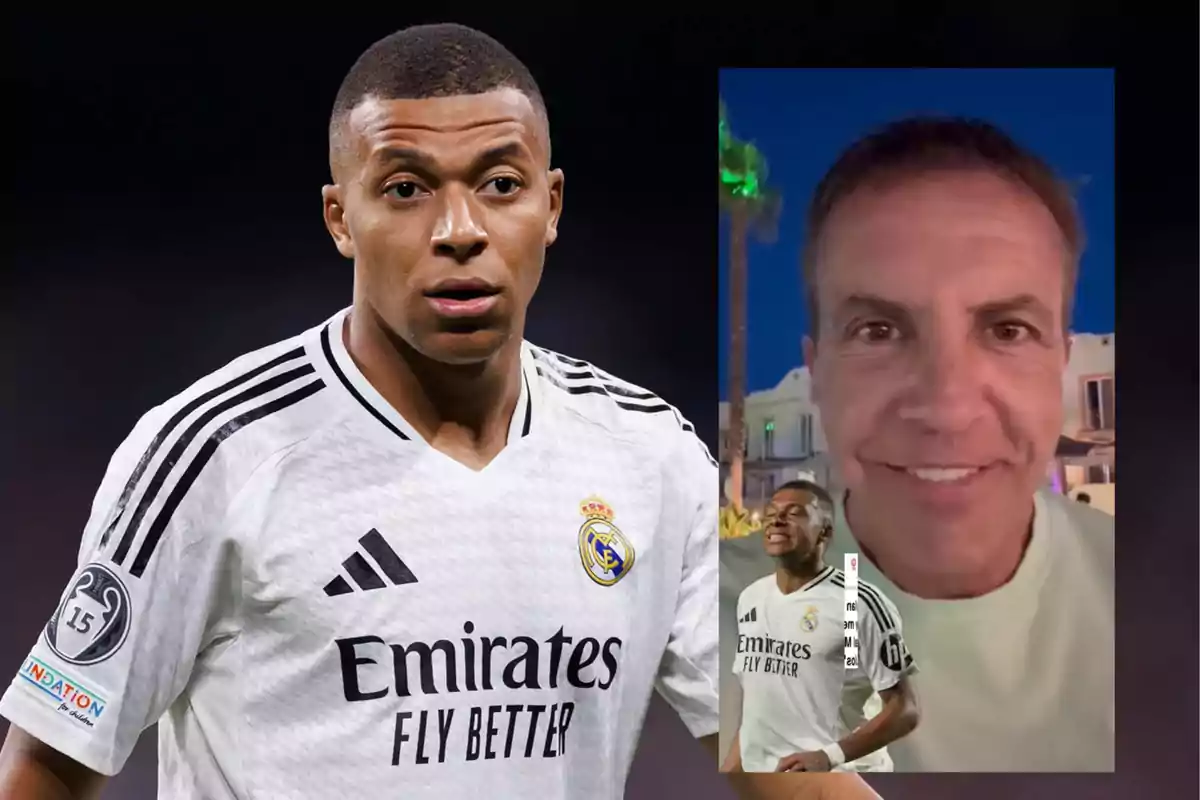 A player wearing a Real Madrid jersey and a smiling man on a video call with a nighttime background and palm trees