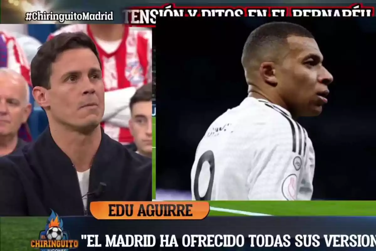 A man on a sports TV show with a footballer on the split screen, with text mentioning tension at Bernabéu.