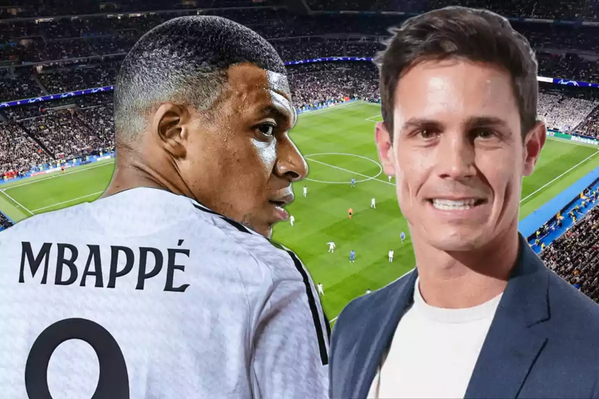 Un jugador de fútbol con el nombre "Mbappé" en su camiseta y otra persona en un estadio lleno de espectadores.