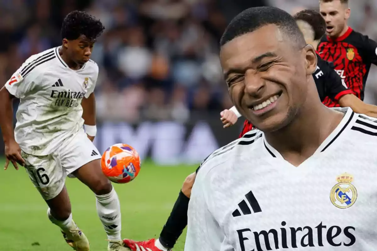Two players in white Real Madrid uniforms, one in action with the ball and the other smiling with closed eyes, while opposing team players in red and black uniforms are in the background.