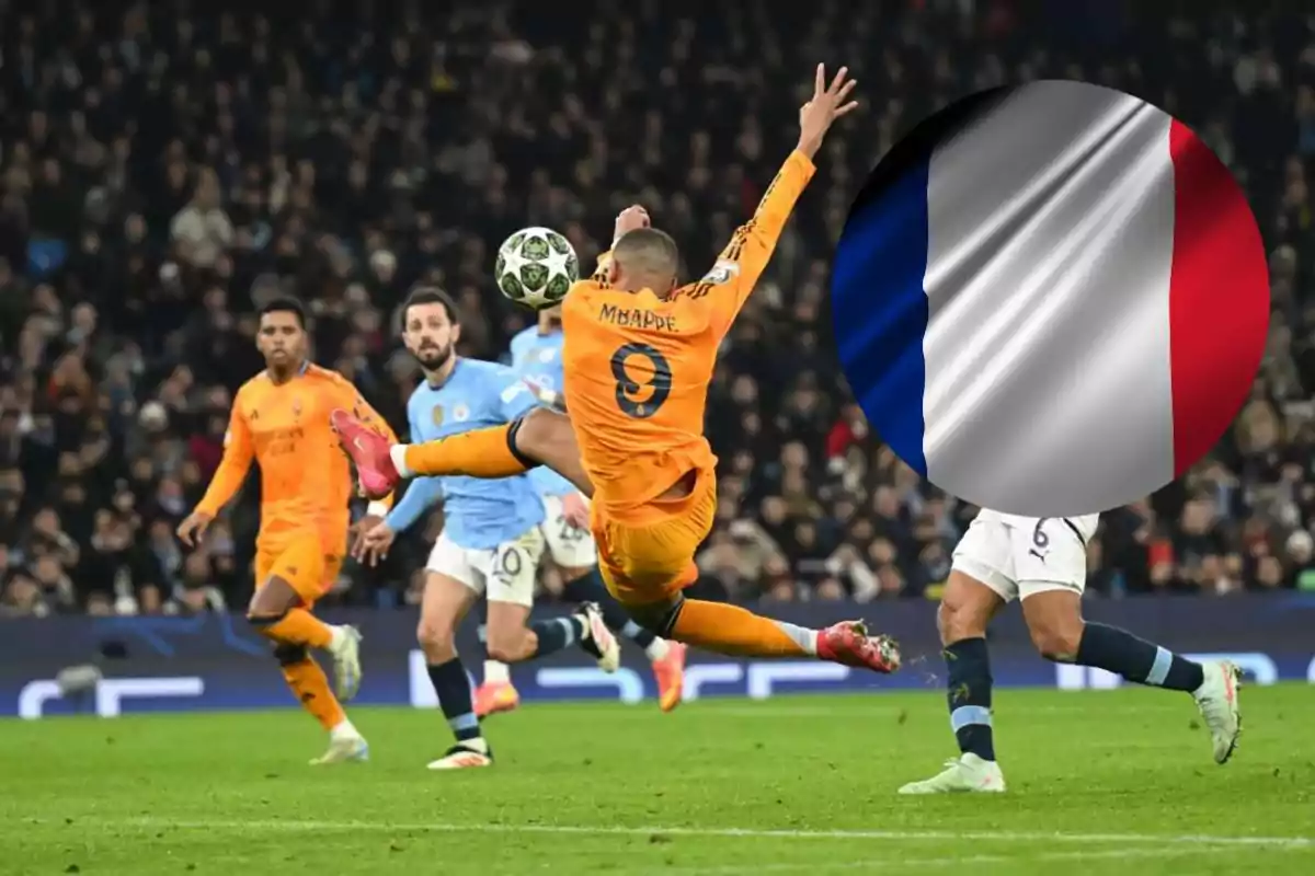 A player in an orange uniform performs an acrobatic move in the air during a match, while other players watch and a large circle with the flag of France appears in the image.