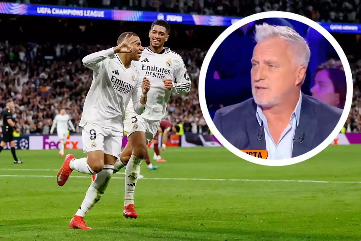 Real Madrid players celebrate a goal in a UEFA Champions League match while a commentator appears in a box.