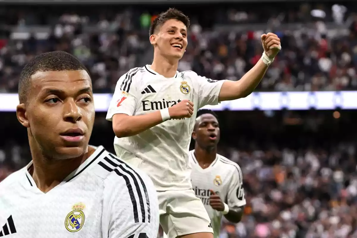Real Madrid players celebrating on the field during a match.