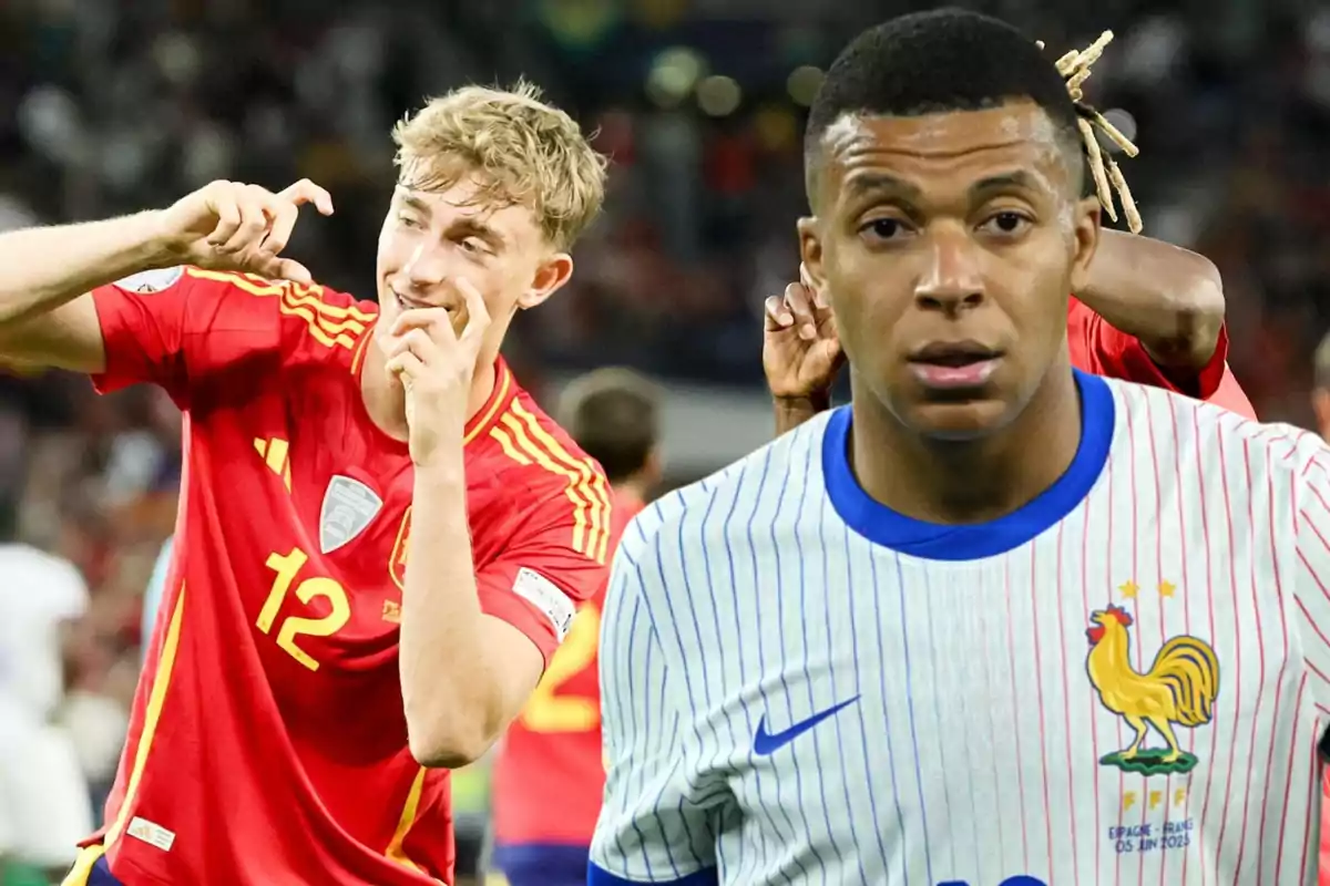 A player from Spain celebrates while a player from France appears in the foreground with a serious expression during a soccer match.
