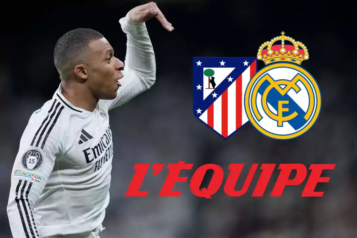 A player in a white uniform gestures with his hand near the crests of Atlético de Madrid and Real Madrid, with the L'Équipe logo in red.