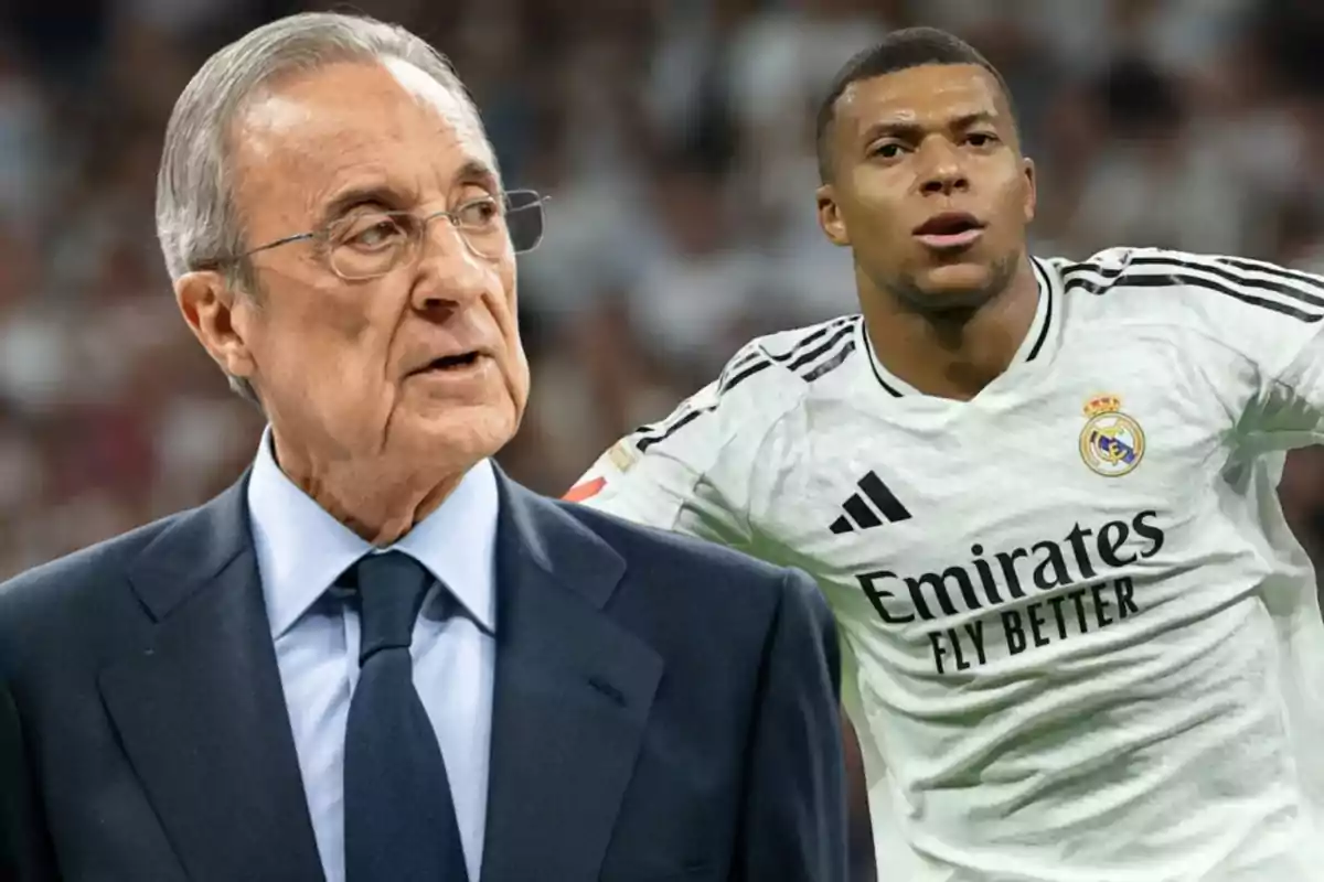 Un hombre mayor con gafas y traje está en primer plano mientras un jugador de fútbol con uniforme blanco del Real Madrid aparece en el fondo.