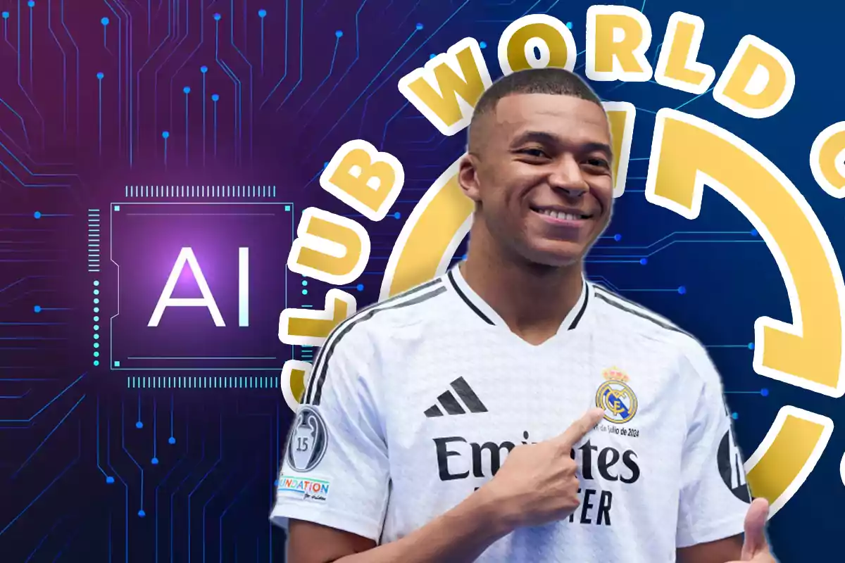 Futbolista con camiseta del Real Madrid sonríe y señala el escudo del club, con fondo de gráficos tecnológicos, letras AI y Club World Cup.