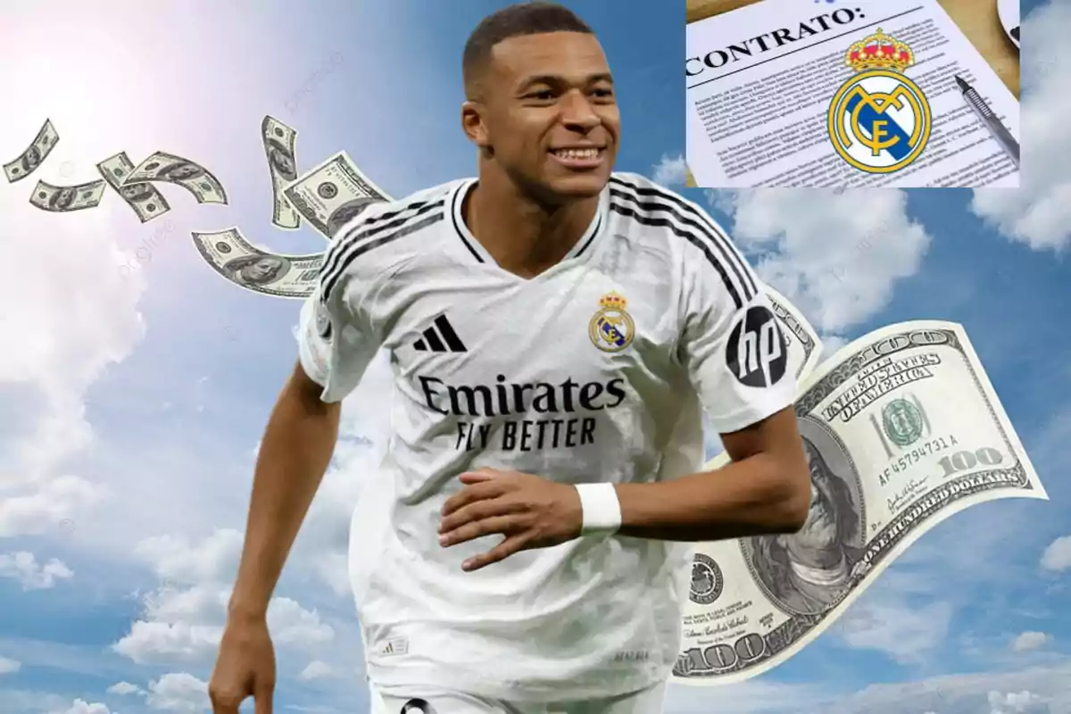 Un jugador de fútbol con la camiseta del Real Madrid sonríe mientras billetes de dólar flotan a su alrededor y en la esquina superior derecha hay una imagen de un contrato con el escudo del club.