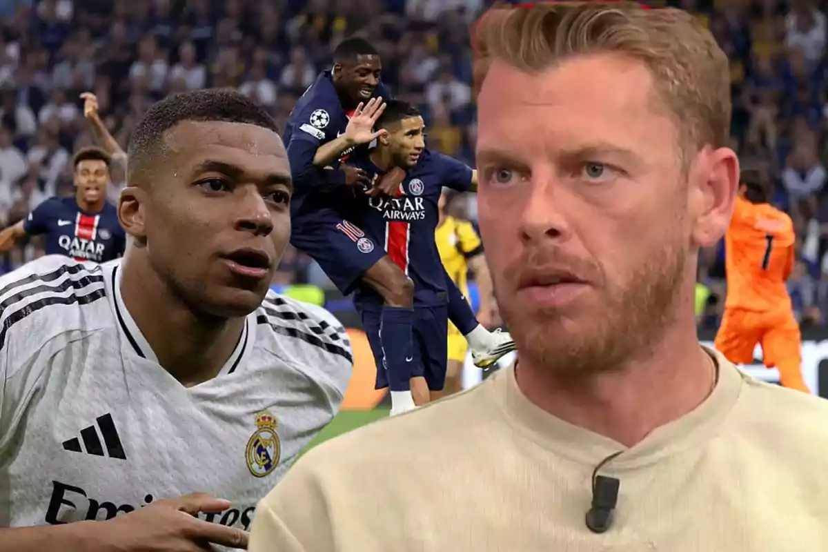 Montaje de un futbolista con camiseta del Real Madrid, jugadores del PSG celebrando y un hombre rubio con barba en primer plano