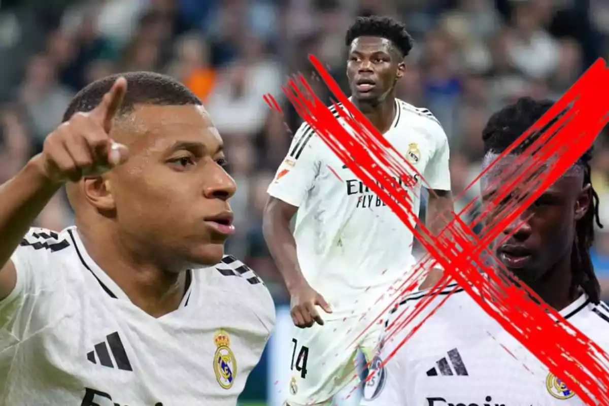 Real Madrid soccer players on the field, one of them crossed out with a red X.