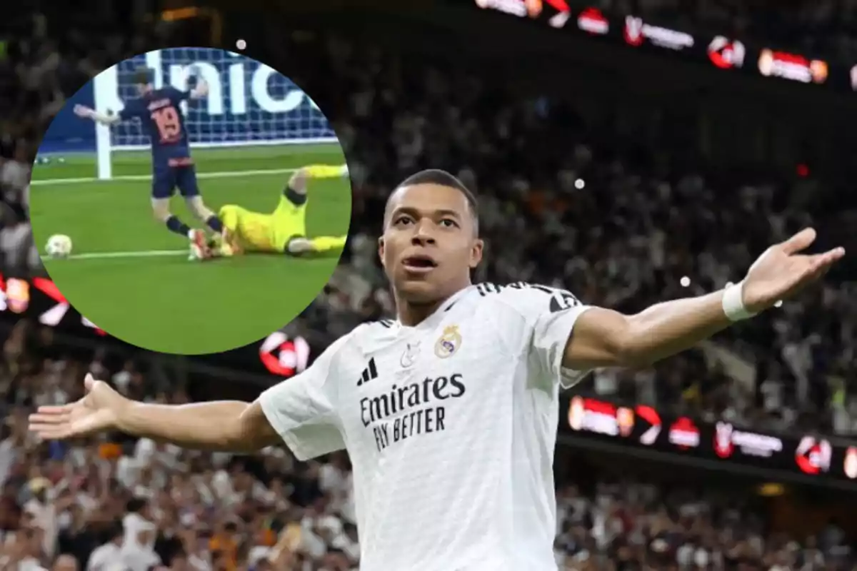 Un jugador de fútbol celebra con los brazos abiertos en un estadio lleno, mientras en un recuadro se muestra una jugada con un portero en el suelo.