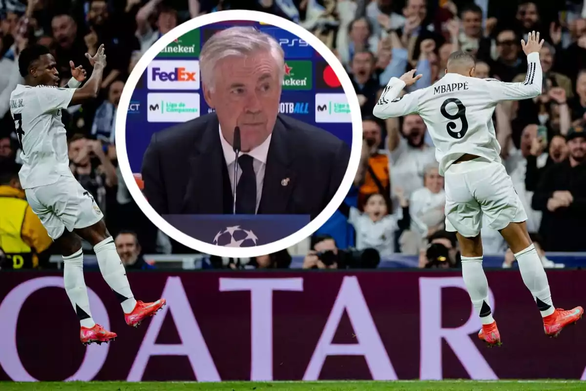 Two players celebrate a goal in a stadium full of fans while a coach appears at a press conference in an overlay box.