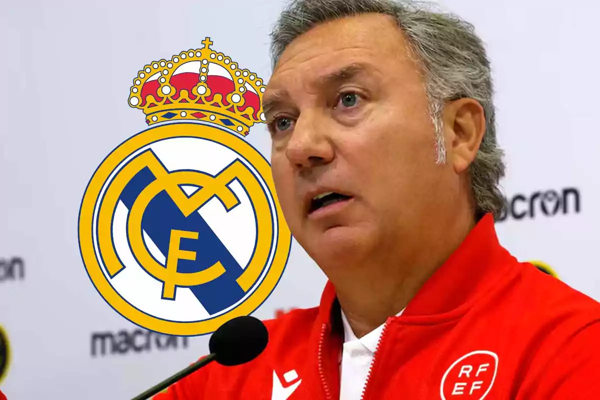 A man in a red jacket speaking at a press conference with the Real Madrid logo overlaid.