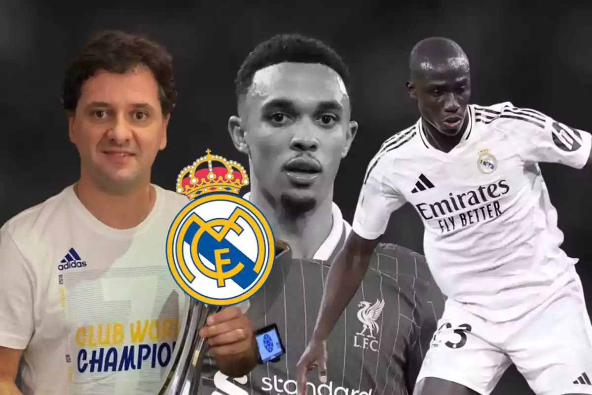 A man wearing a Real Madrid World Cup jersey holds a trophy, next to him are two soccer players, one from Liverpool and one from Real Madrid, with the Real Madrid crest superimposed.