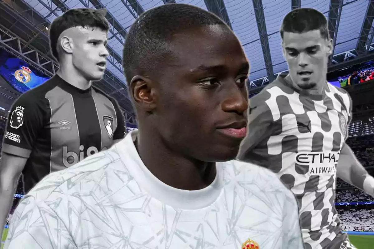 Three players in different uniforms pose in an indoor stadium.
