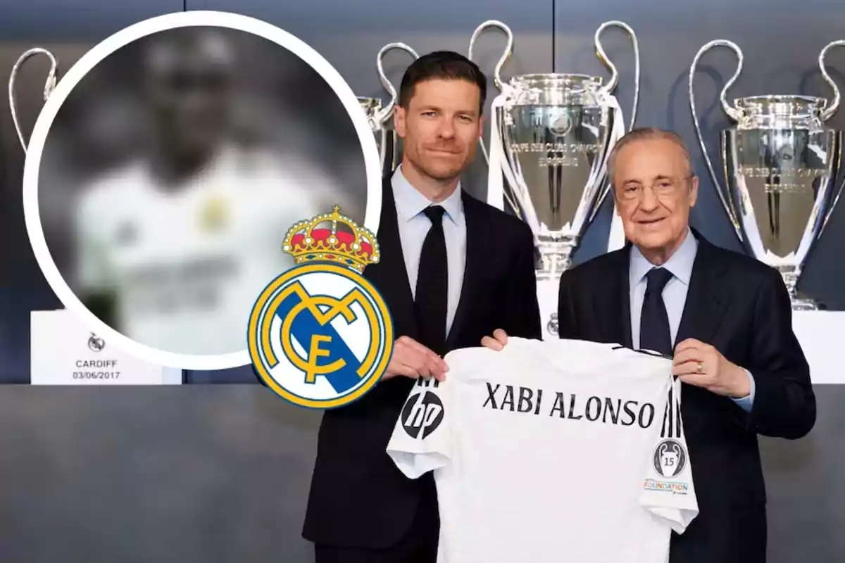 Two people pose with a soccer jersey that has the name Xabi Alonso; in the background, there are trophies and the Real Madrid crest.