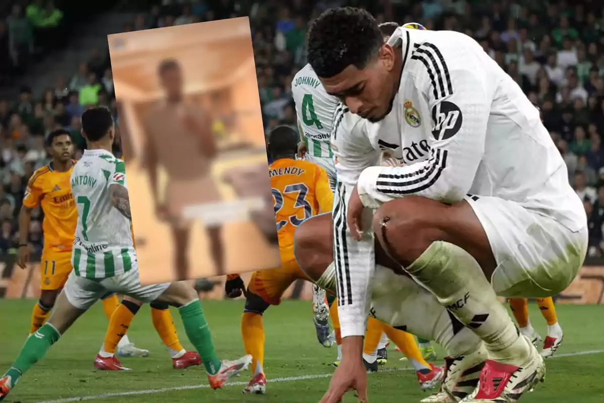 A Real Madrid player crouched on the field during a match, with other players around and a blurred image overlaid in the background.