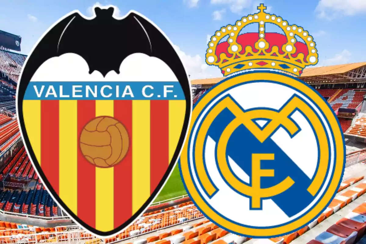 Valencia C.F. and Real Madrid soccer teams' crests superimposed on a stadium.