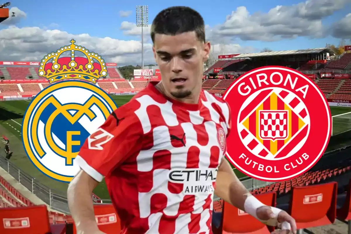 Jugador de fútbol con camiseta del Girona FC en un estadio con los logos del Real Madrid y Girona FC.