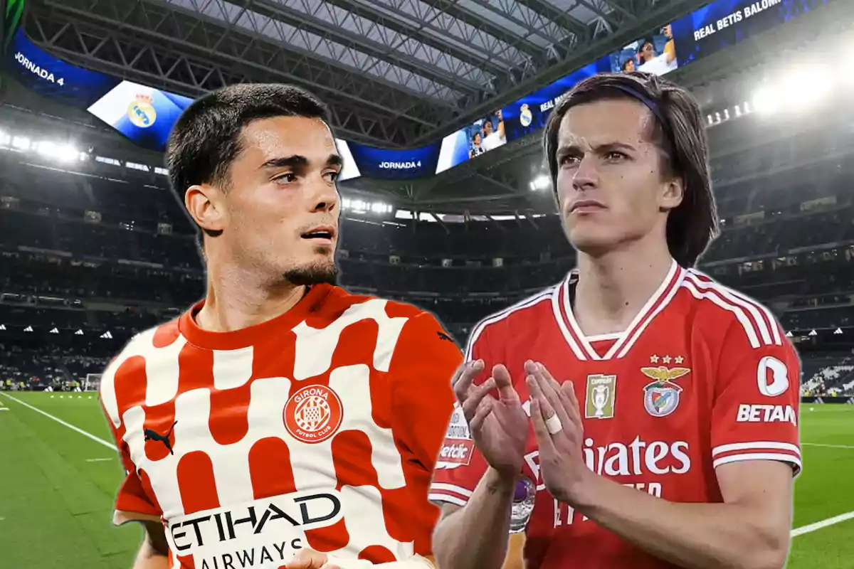 Dos jugadores de fútbol con uniformes de Girona y Benfica en un estadio.