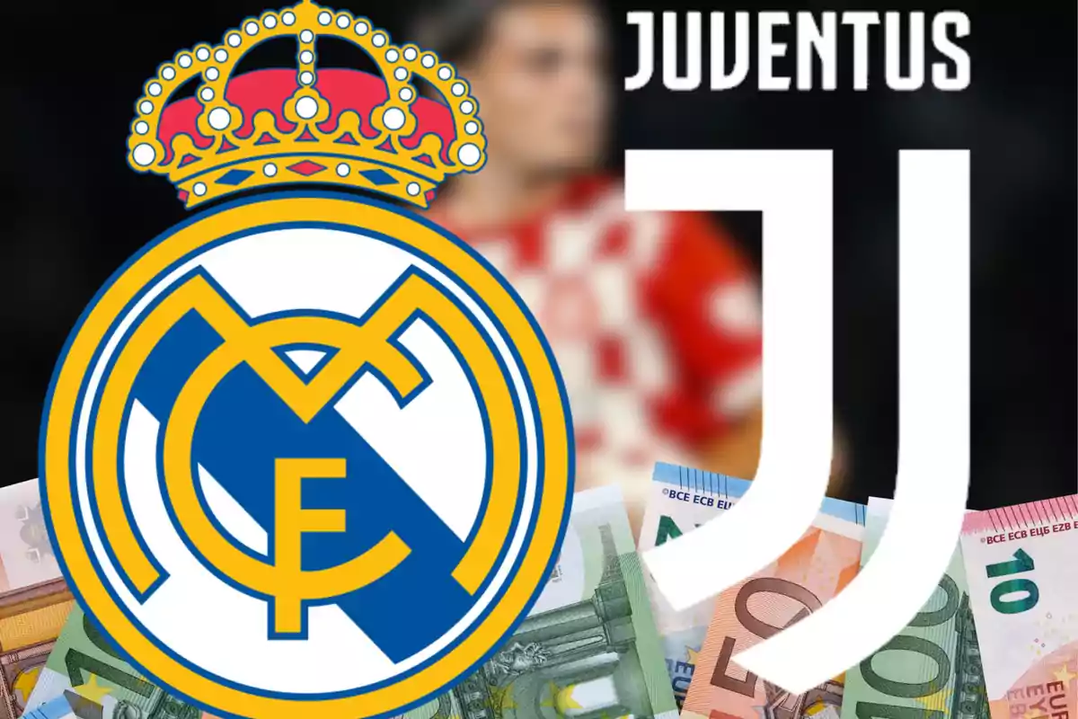 Logos of Real Madrid and Juventus superimposed on euro bills with a blurred figure in the background.