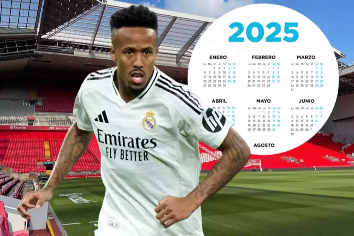 Un jugador de fútbol con el uniforme del Real Madrid en un estadio con un calendario del año 2025 al fondo.