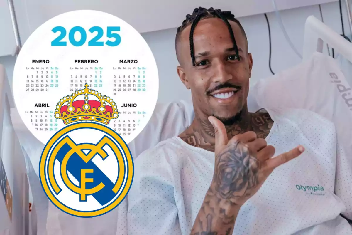 A smiling man in a hospital bed gestures with his hand as a 2025 calendar and the Real Madrid crest are superimposed on the image.