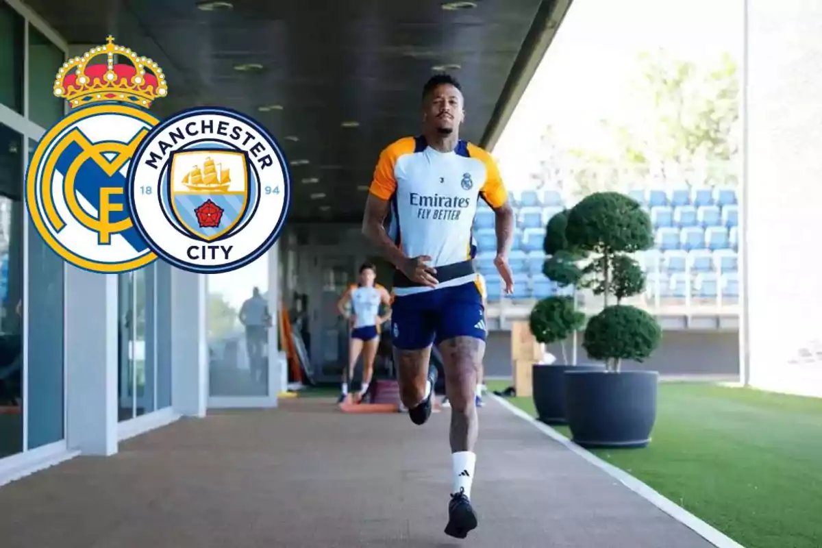 A player running on a training field with the logos of Real Madrid and Manchester City overlaid.