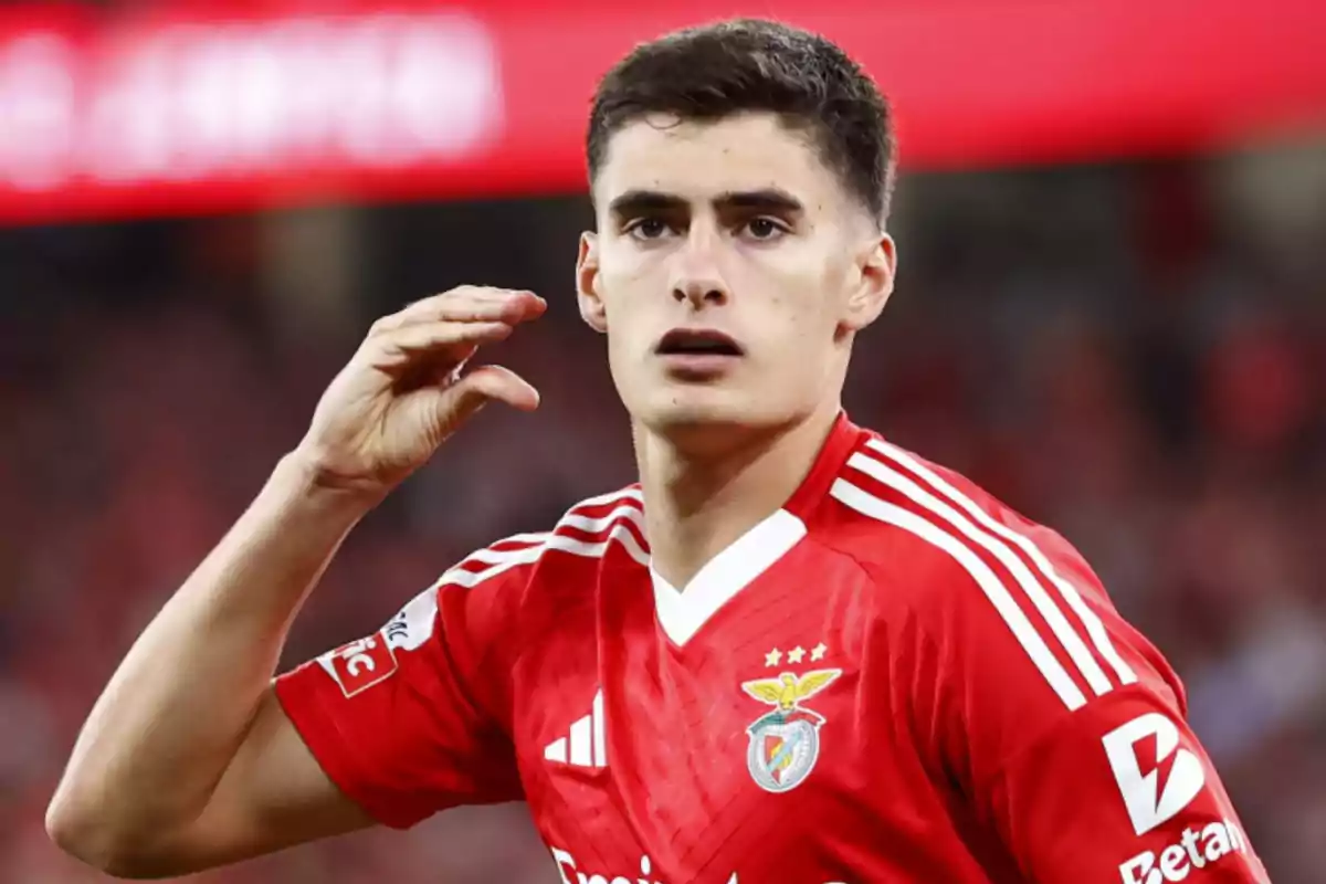 A soccer player in a red Benfica uniform on the field. A soccer player in a red Benfica uniform on the field.